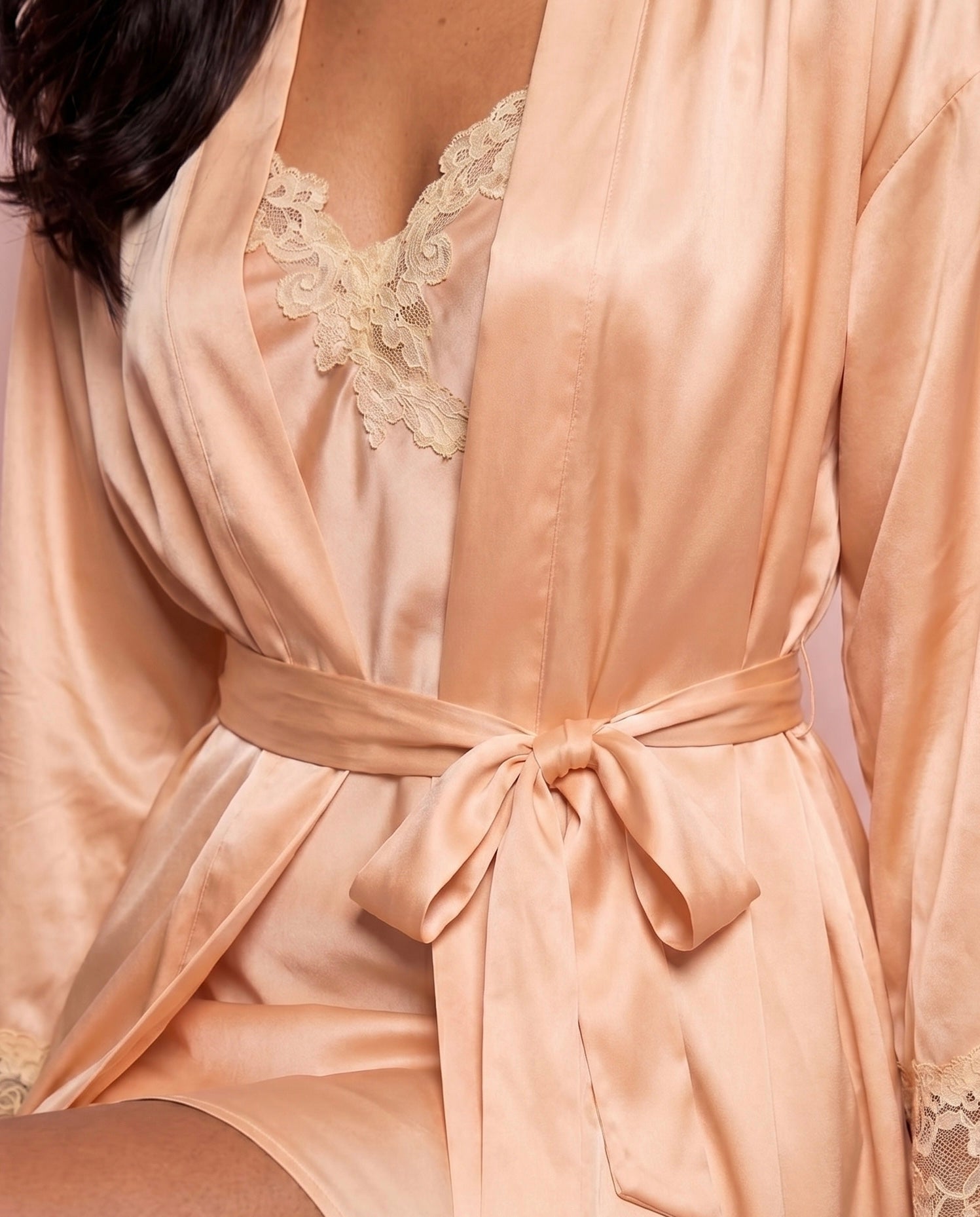 Maya Silk Short Robe in Beige